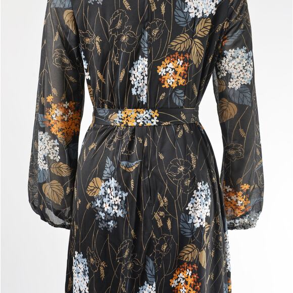 Vintage 70s Black Floral Leaf Print Sheer Sleeve Midi Dress with Tie Belt M - Picture 6 of 7